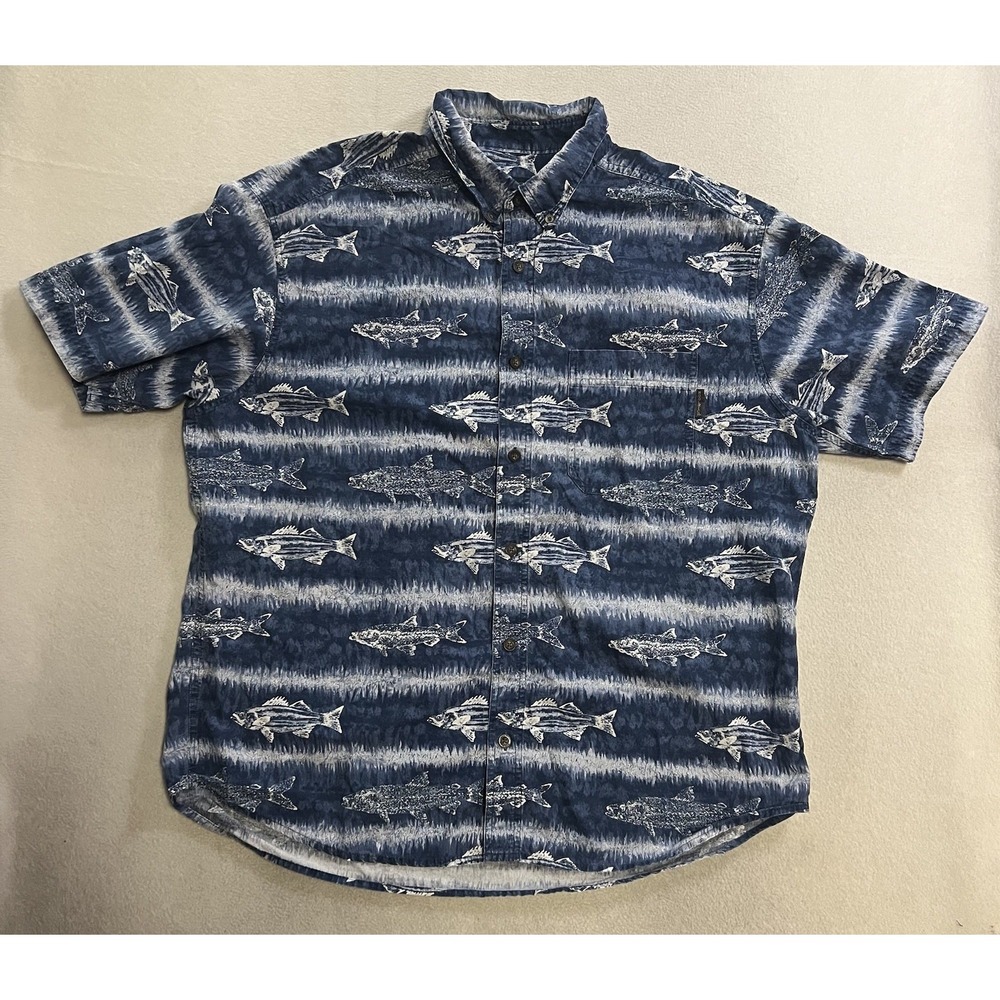 Vintage Woolrich Shirt Men's Size 2XL Blue Fish AOP Button Up Short Sleeve